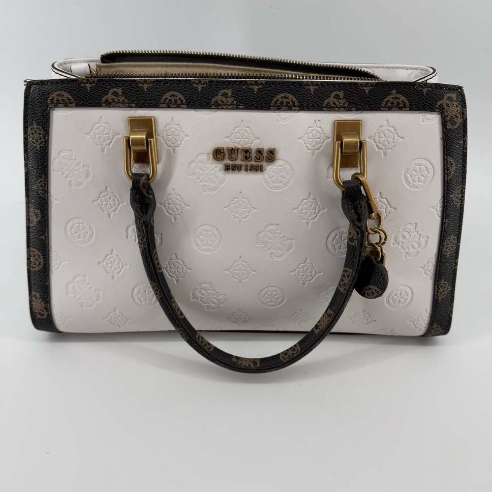 GUESS Abey Peony Satchel Purse Handbag White Embossed Logo Gold Hardware Tag
